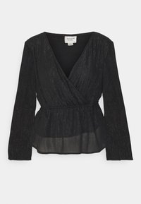 Schwarze Wickelbluse mit langen Ärmeln, die eine strukturierte Oberfläche und einen gerafften Bund aufweist. Der transparente untere Abschnitt sorgt für einen Lagenlook.