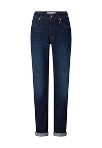 Tmavě modré džíny z denimu s volným střihem mají zapínání na knoflík, pět kapes a ohrnuté nohavice pro ležérní vzhled.