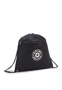 Borsa a spalla nera con cordoncino, realizzata in tessuto leggero, dotata di tasca con zip, logo con design a stella e spallacci regolabili.