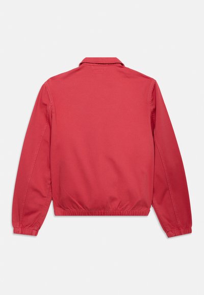 Rdeča jakna z dolgimi rokavi z elastičnimi manšetami in pasom, z ogledom zadnjega dela s klasičnim ovratnikom, na enostavni svetli podlagi.