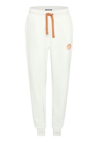 Weiße Sweatpants aus weichem Stoff, mit einer orangen Kordel, elastischen Bündchen und einem kleinen Logo am linken Oberschenkel.