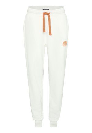 Weiße Sweatpants aus weichem Stoff, mit einer orangen Kordel, elastischen Bündchen und einem kleinen Logo am linken Oberschenkel.