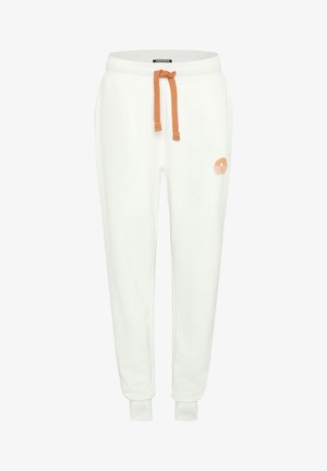 White sweatpants made of soft fabric, featuring an orange drawstring, elastic cuffs, and a small logo on the left thigh.