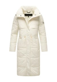 Padded white coat with a high collar, zip closure, and drawstring waist. Features two front pockets and subtle logo detailing on the sleeve.