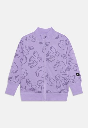 Veste lilas zippée intégrale avec col et poignets côtelés, décorée d'un motif répétitif d'oiseaux volants dessinés en contour dans une nuance plus foncée.