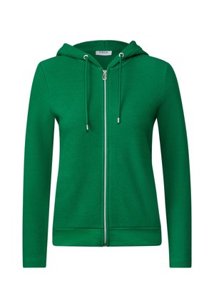 Green zip-up hoodie made from textured fabric, featuring a hood with drawstrings and a front zipper, designed for casual wear.