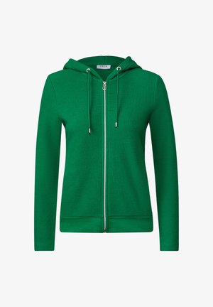 Groene rits-hoodie van textuurstof, met een capuchon met trekkoorden en een rits aan de voorkant, ontworpen voor casual wear.