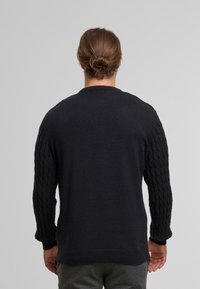 Maglione lavorato a maglia blu scuro con braccia in lavorazione a trecce testurizzate, polsini e orlo a coste, e scollo a girocollo. Design semplice, senza decorazioni.