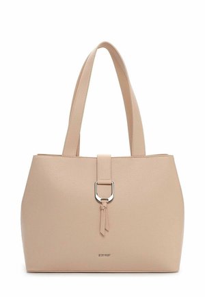 Sac cabas beige texturé avec deux bandoulières, doté d'une boucle métallique en accent et d'un petit détail de gland en cuir à l'avant.