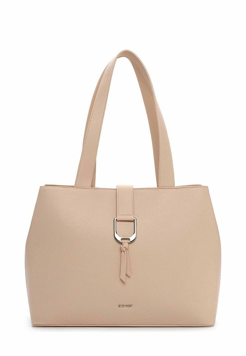 Beige strukturierte Tragetasche mit zwei Schulterriemen, ausgestattet mit einem metallischen Schnallenakzent und einem kleinen Lederquasten-Detail vorne.