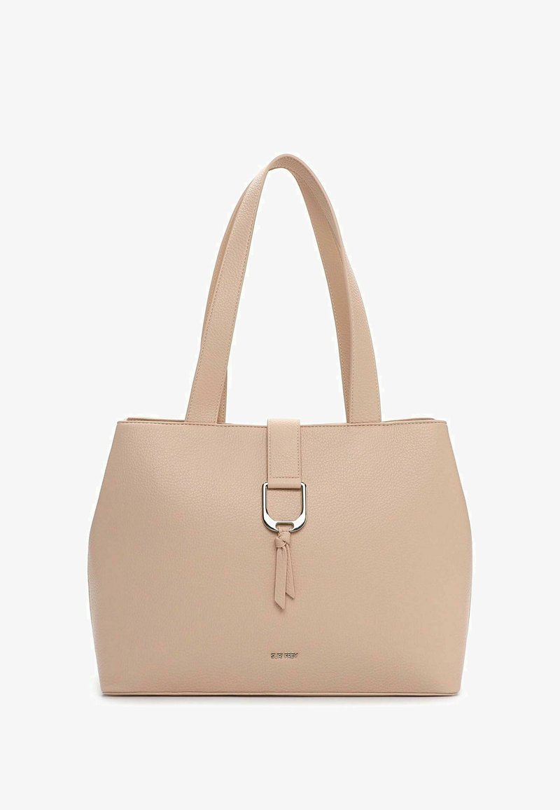 Beige strukturierte Tragetasche mit zwei Schulterriemen, ausgestattet mit einem metallischen Schnallenakzent und einem kleinen Lederquasten-Detail vorne.