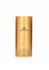Złoty cylindryczny pojemnik oznaczony etykietą "Wittchen Secret Passion" z dyfuzorem o pojemności 180 ml, z ozdobnym emblematem w pobliżu podstawy na białym tle.