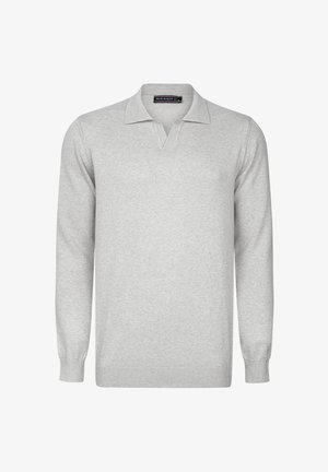 Jasnoszary sweter w stylu polo z długim rękawem, z ściągaczami na mankietach i dole, z kołnierzem i otwartym dekoltem w kształcie litery V.