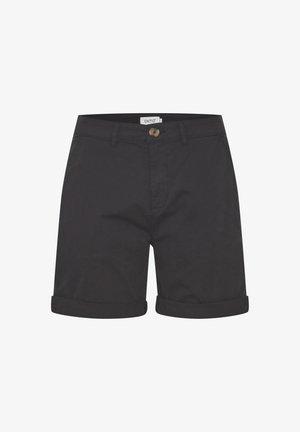 Črne bombažne hlače s preklopnim robom, ki imajo gumbasto zapiranje in sprednji žep, narejene iz gladkega, lahkotnega materiala.