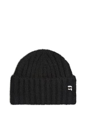 Black knitted beanie with a ribbed texture. Features a small graphic on the side. Made from soft, fuzzy material.