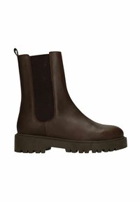 Bruine leren enkellaars met elastische zijkanten, ronde neus en stevige rubberen zool met ribbels voor grip.