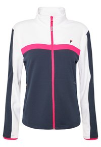 Zip-up jacket in navy blue with white and pink horizontal stripes. Features a high collar, two side pockets, and textured fabric. Fila logo displayed.