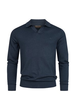 Granatowy sweter z dekoltem w serek, długimi rękawami i ściągaczami. Dyskretne logo marki na piersi. Miękka tekstura i dopasowany krój.