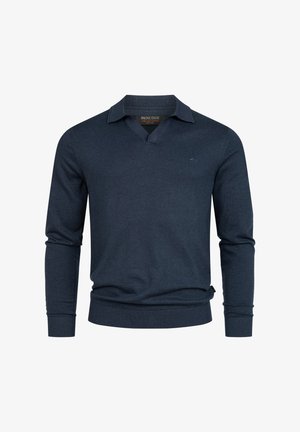 Granatowy sweter z dekoltem w serek, długimi rękawami i ściągaczami. Dyskretne logo marki na piersi. Miękka tekstura i dopasowany krój.