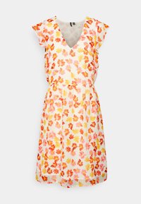 Abito floreale con scollo a V, maniche corte arricciate e vita aderente. Presenta uno sfondo bianco con motivi floreali in rosa, arancione e giallo.