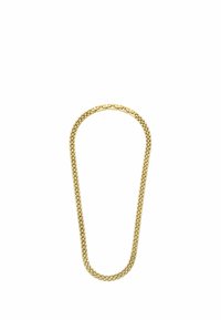 Goldfarbener Metallkettenschmuck mit verflochtenen Gliedern. Glatte Textur mit einheitlichem Design und dezentem Glanz. Mit einem Verschluss gesichert.