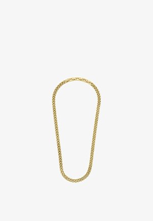 Collar de cadena de metal dorado con eslabones entrelazados. Textura suave con un diseño uniforme y un brillo sutil. Asegurado con un broche.