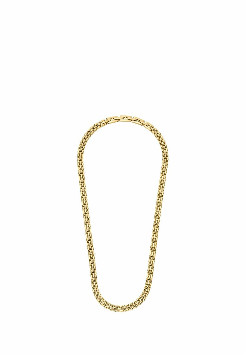Goldfarbener Metallkettenschmuck mit verflochtenen Gliedern. Glatte Textur mit einheitlichem Design und dezentem Glanz. Mit einem Verschluss gesichert.