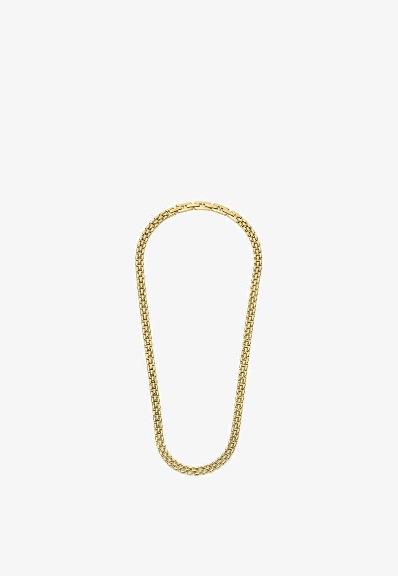 Gouden metalen ketting met in elkaar grijpende schakels. Glad van textuur met een uniform ontwerp en een subtiele glans. Bevestigd met een sluiting.