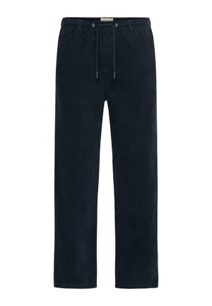 Navy corduroy pants with an elastic waistband and drawstring, featuring vertical ribbed texture and straight leg design.