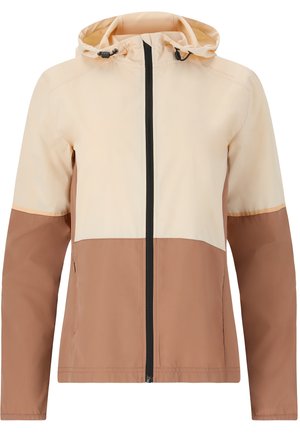 Lightweight jacket featuring a cream upper and brown lower sections, zipper front, adjustable hood, and elastic cuffs.