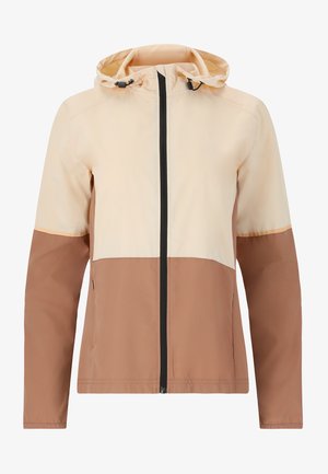 Lichte jas met een crèmekleurig bovenstuk en een bruin onderstuk, ritssluiting aan de voorkant, verstelbare capuchon en elastische manchetten.