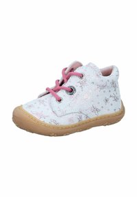 White toddler shoes with a glittery finish, pink laces, and floral patterns. Rubber sole with a rounded toe and slight ankle support.