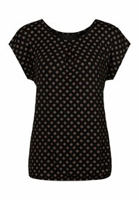 Schwarzes kurzärmliges Oberteil mit einem geometrischen Muster in Beige. Rundhalsausschnitt mit einem leichten Faltenwurf vorne; weiche Stofftextur.
