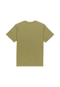 Olive green short-sleeve t-shirt made of lightweight fabric, featuring a crew neck and a textured, subtle stripe pattern.