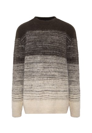 Knit sweater featuring a gradient ombre pattern transitioning from dark gray to light cream, textured fabric with a crew neckline and long sleeves.