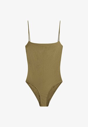 Maillot de bain une pièce vert olive avec fines bretelles spaghetti et une encolure droite, présenté sur fond blanc.