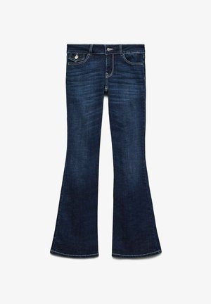 Mörkblå utsvängda jeans med en åtsittande midja, standard fickdesign och ljusa stickdetaljer, tillverkade av denimtyg.