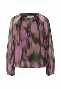 Gennemsigtig bluse med rund halsudskæring, lange ærmer og lynlås foran. Har et slør af abstrakte mønstre i pink, grøn og brun.