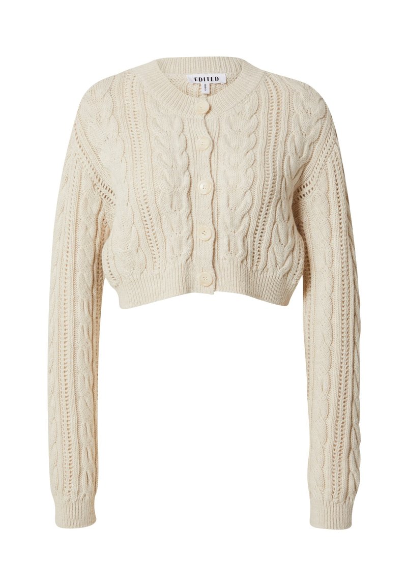 Gilet court couleur crème avec un motif en relief de torsades, cinq boutons à l'avant, manches longues et poignets et ourlet côtelés.