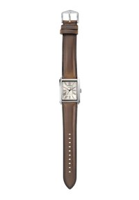 Montre avec un bracelet en cuir marron, un boîtier rectangulaire en argent, un cadran blanc, des chiffres romains, et une couronne à trois heures. Accentuée par des détails de couture.