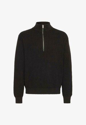 Schwarzer Strickpullover mit hohem Kragen, ausgestattet mit einem halben Reißverschluss und strukturiertem Muster. Weicher Stoff und gerippte Bündchen.