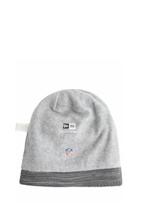Gray beanie made of soft fabric with a decorative gray band, featuring a logo patch and label on the back. One size fits most.