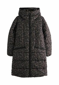 Pufová bunda v tmavohnedej farbe s dizajnom leopardieho vzoru. Obsahuje kapucňu, vertikálne zipsy na vreckách a prešívanú textúru.