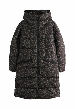 Abrigo tipo puff en marrón oscuro con un diseño de estampado de leopardo. Presenta una capucha, cremalleras verticales en los bolsillos y una textura acolchada.
