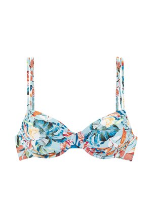 Blaue bunte Bikini-Oberteile mit Unterbügel, verziert mit tropischen Blättern und Blumen in lebhaften Farben. Enthält verstellbare dünne Schulterträger.