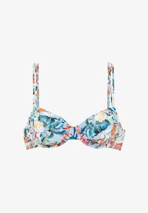 Plavi cvjetni bikini top s potporom, ukrašen tropskim lišćem i cvjetovima u živopisnim bojama. Uključuje podesive tanke naramenice.
