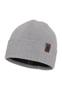 Gray knitted beanie with a ribbed texture and a foldable brim. Features a brown leather logo patch on the side.