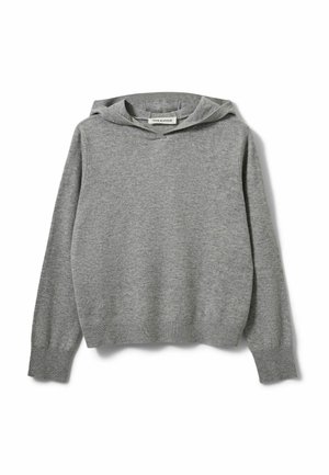 Sudadera con capucha de punto gris claro con mangas largas y puños y dobladillo acanalados, colocada plana sobre un fondo blanco.