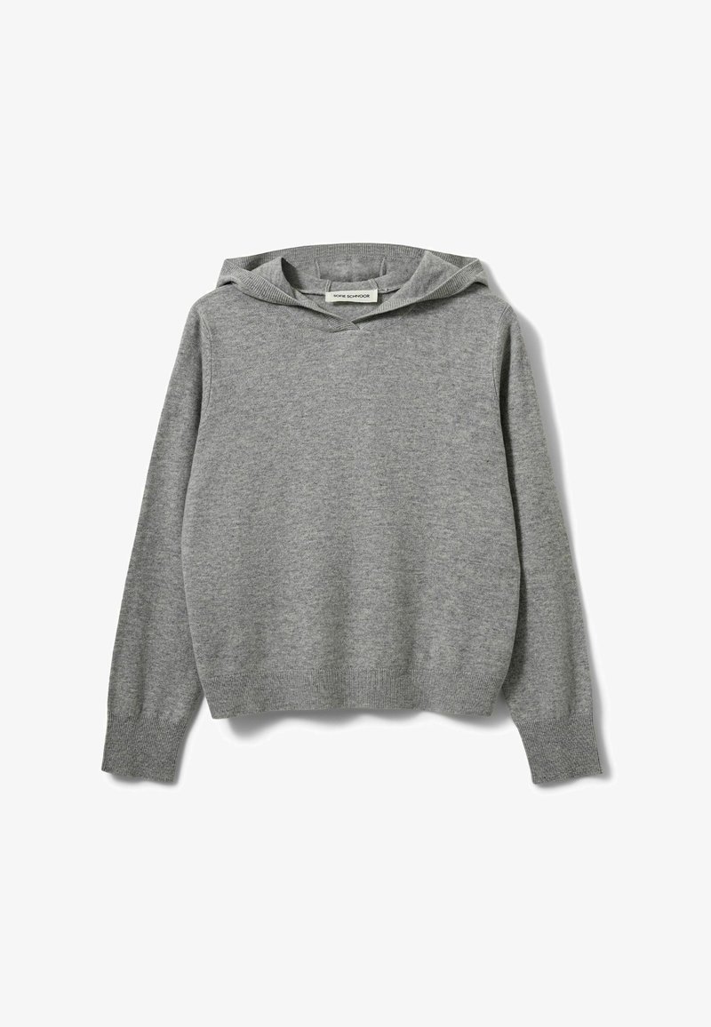 Sweat à capuche tricoté gris clair avec manches longues et poignets et ourlet côtelés, posé à plat sur un fond blanc.