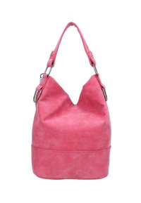 Borsa a spalla in suede rosa chiaro con una sola tracolla e anelli in metallo argentato su ciascun lato.